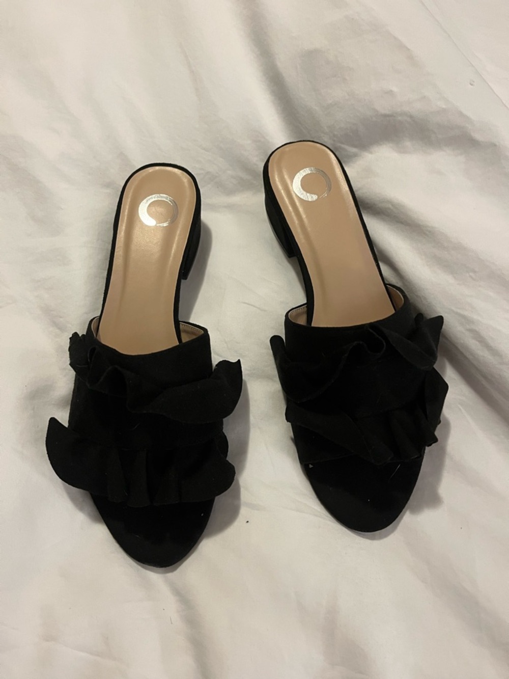 Black Ruffled Slide Heels - Women